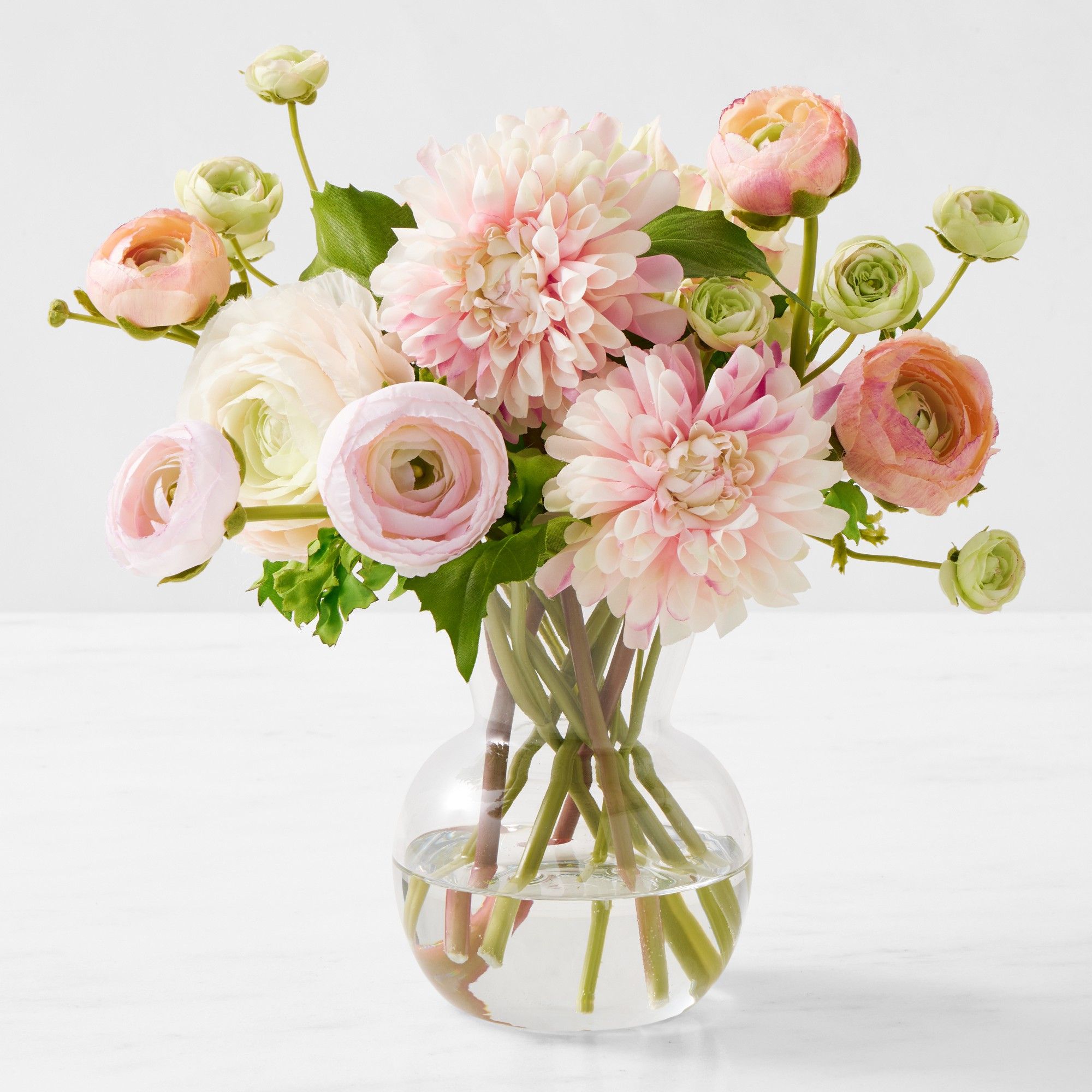 Pink and cream faux ranunculus and dahlia arrangement from Williams Sonoma