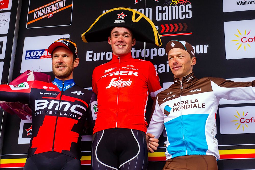 Mads Pedersen on the podium after winning Tour de l'Eurom&eacute;tropole