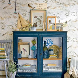 Blue dresser with accessories and books inside