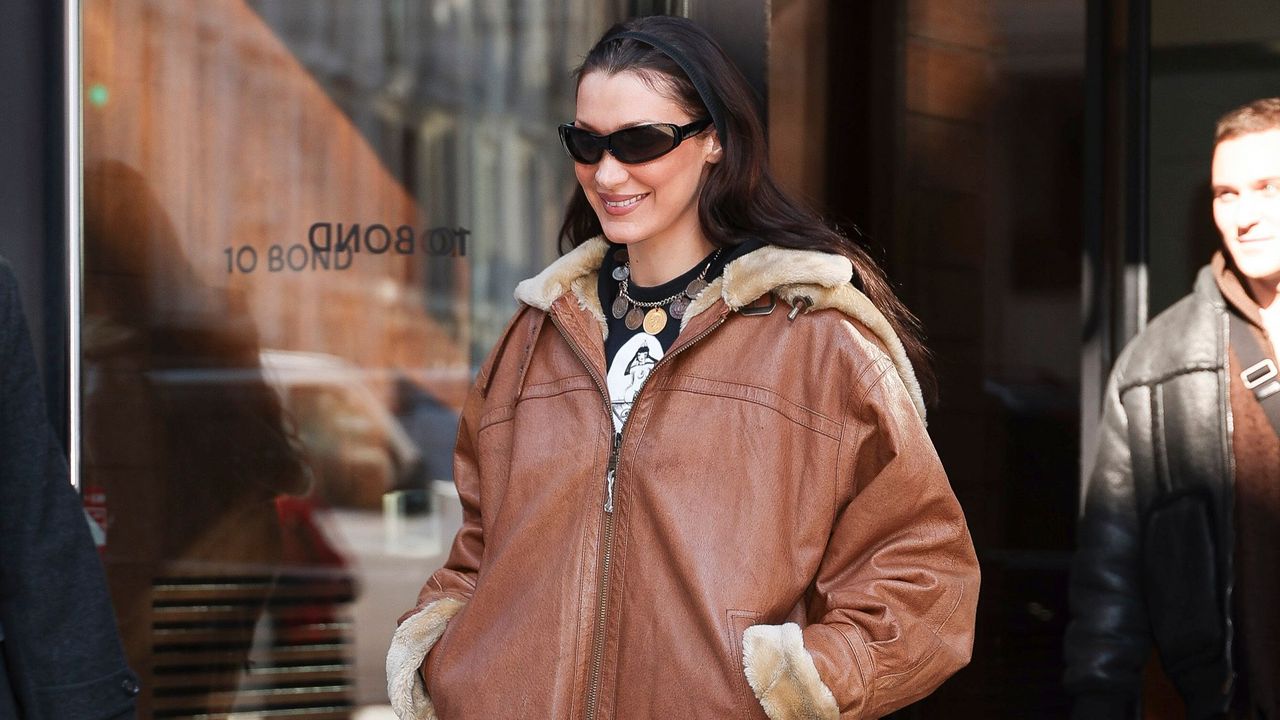 Bella Hadid wearing aviator jacket