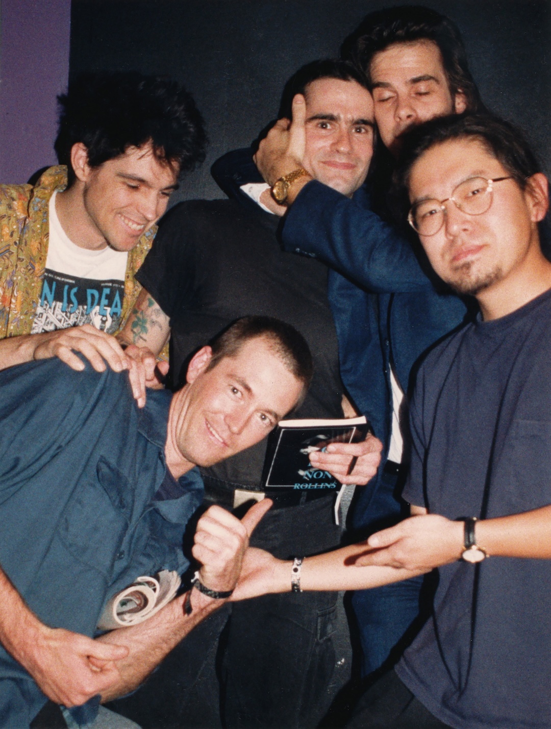 Henry Rollins and Nick Cave with Stan Fairbanks, Joe Cole, and Gary I, after Rollins spoken word performance to celebrate the launch of Black Coffee Blues at The Roxy on the Sunset Strip, Los Angeles