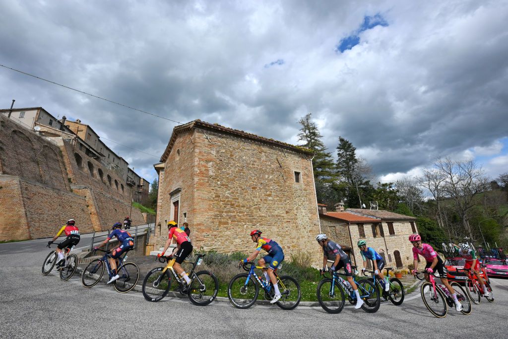 FRONTIGNANO ITALY MARCH 15 Gianni Vermeersch of Belgium and Team Alpecin Deceuninck Benjamin Thomas of France and Team Cofidis Andrea Vendrame of Italy and Decathlon Ag2R La Mondiale Team Samuele Battistella of Italy and Team EF Education Easypost Jasper Stuyven of Belgium and Team Lidl Trek Christopher Hamilton of Australia and Team Picnic PostNl Andrea Pietrobon of Italy and Team Polti VisitMalta and Magnus Cort Nielsen of Denmark and Team UnoX Mobility compete in the breakaway passing Nidastore village area during the 60th TirrenoAdriatico 2025 Stage 6 a 163km stage from Cartoceto to Frontignano 1324m UCIWT on March 15 2025 in Frontignano Italy Photo by Tim de WaeleGetty Images