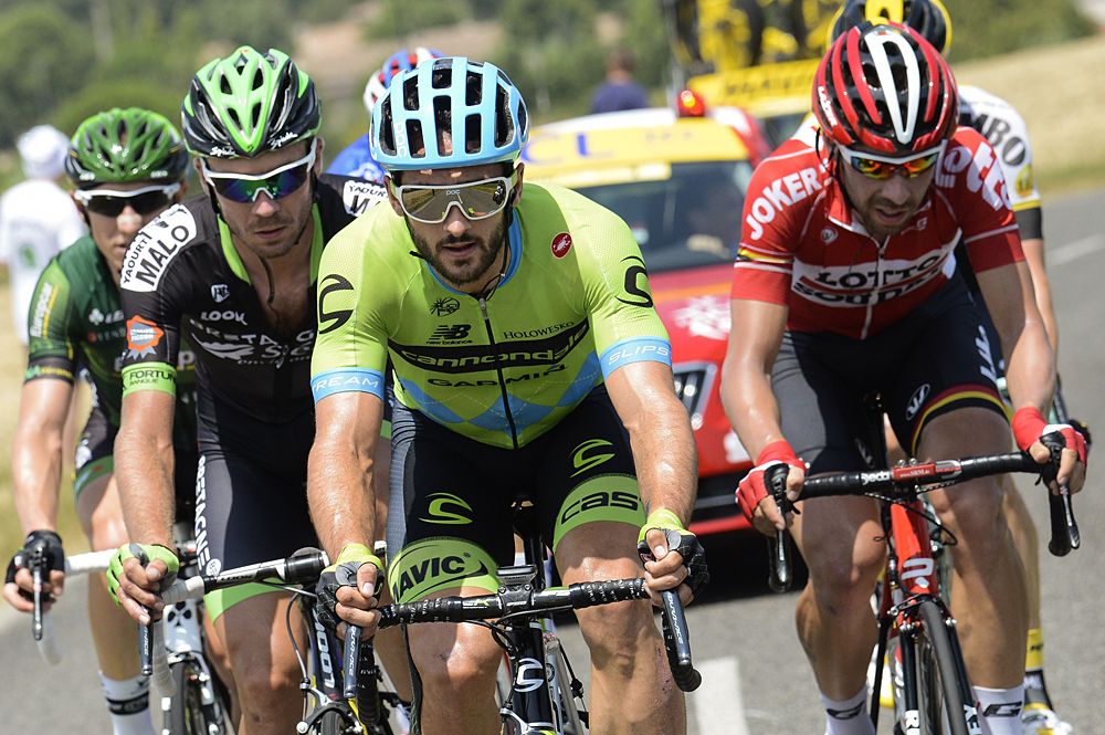 Breakaway riders Thomas de Gendt (Lotto-Soudal), Nathan Haas (Team Cannondale-Garmin), Cyril Gautier (Europcar), Wilco Kelderman (LottoNL-Jumbo), Pierre-Luc Perichon (Bretagne-Seche Environnement) and Alexandre Geniez (FDJ)