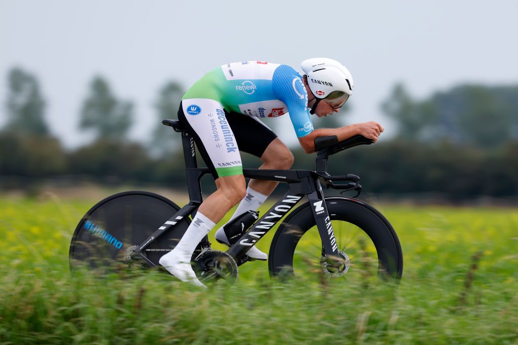 SLUIS NETHERLANDS AUGUST 24 Jasper Philipsen of Belgium and Team AlpecinDeceuninck Blue Leader Jersey sprints during the 19th Renewi Tour 2023 Stage 2 a 136km individual time trial stage from Sluis to Sluis on August 24 2023 in Sluis Netherlands Photo by Bas CzerwinskiGetty Images
