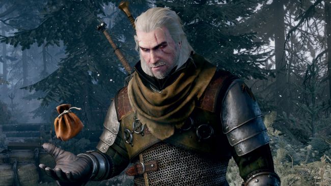 The Witcher 3's Geralt tossing a coin bag