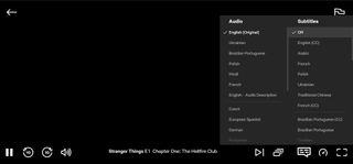 A screenshot of the Netflix desktop app with the audio and subtitles menu open