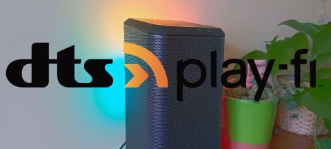 A Philips shelf speaker with the DTS Play-fi logo superimposed over the image
