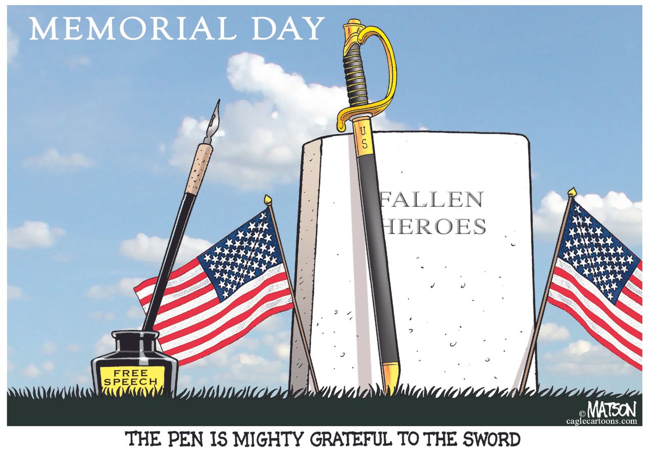 Editorial cartoon US Memorial day pen mightier than the sword soldiers