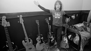 Guitarist Rick Derringer from rock group Derringer posed backstage with various guitars at the Shaboo Inn in Willimantic, Connecticut, USA in June 1976.