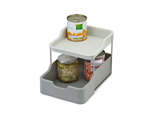 Joseph Joseph Duo 2-Tier Cupboard Organiser With Drawer, Kitchen and Storage Organiser for Spices, Packets and Cans, Grey