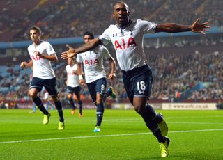 Jermain Defoe celebrates a goal for Tottenham against Aston Villa in September 2013.