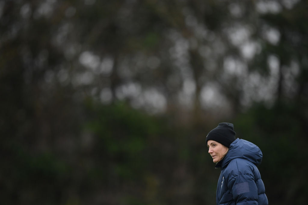 Sonia Bompastor, Head Coach of Chelsea looks on during a Chelsea FC Women's Training Session at Chelsea Training Ground on December 10, 2024 in Cobham, England.