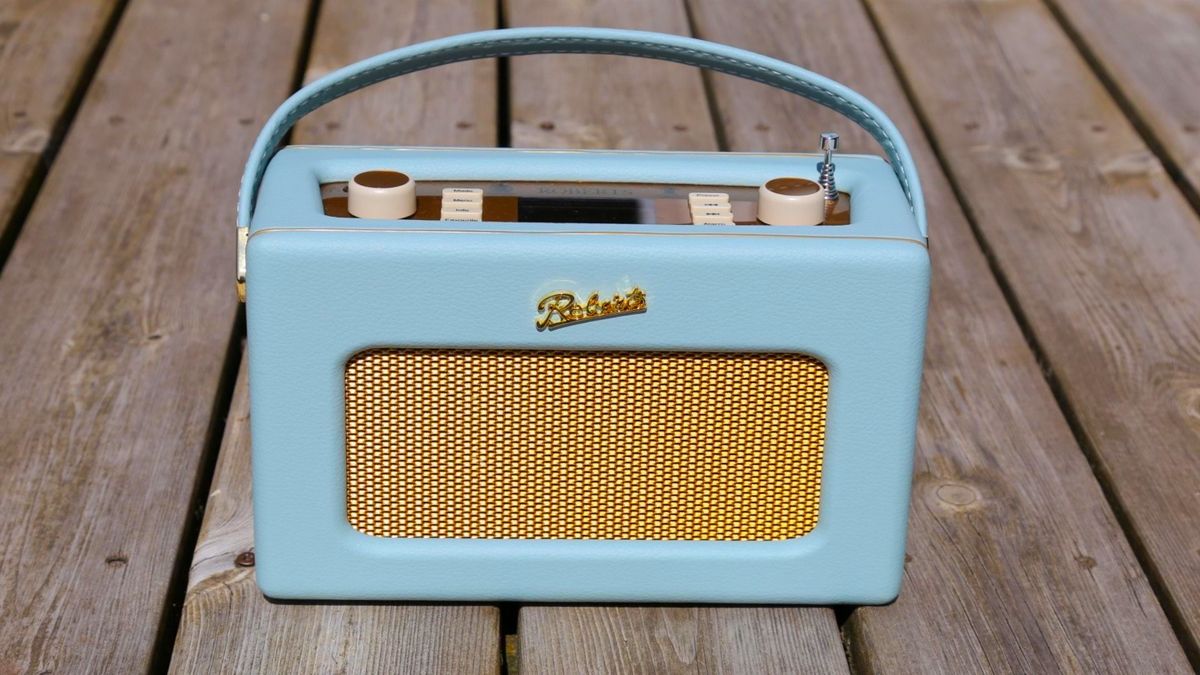 the orberts rveival dab radio on wooden decking