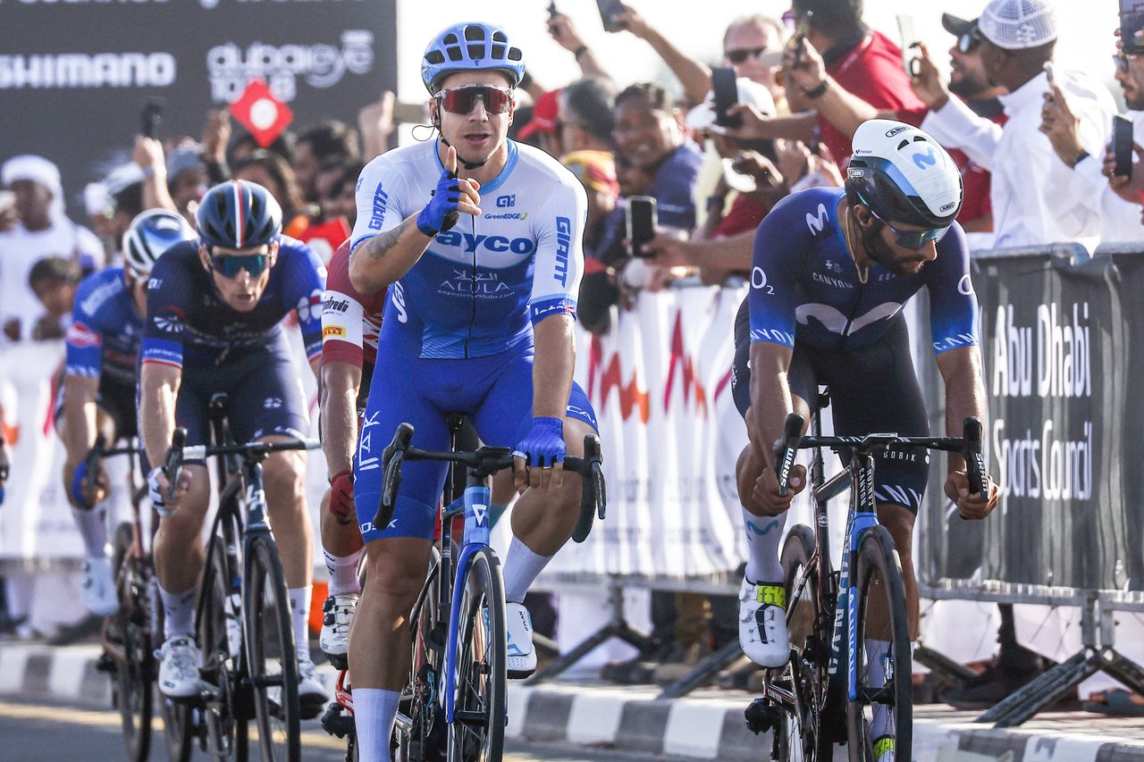 UAE Tour 2023 - 5th Edition - 5th stage Al Marjan Island - Umm al Quwain 182 km 24/02/2023 - Dylan Groenewegen (NED - Team Jayco AlUla) - Fernando Gaviria (COL - Movistar Team) - photo Luca Bettini/SprintCyclingAgency&Acirc;&copy;2023