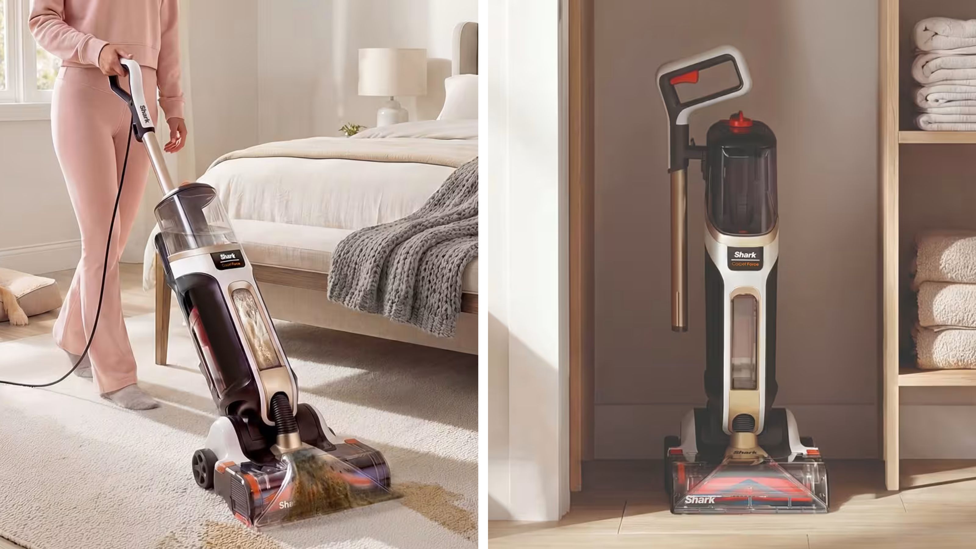Shark CarpetForce Upright Carpet Cleaner being used to clean cream carpets on the left, and it being stored with the wand removed on the right