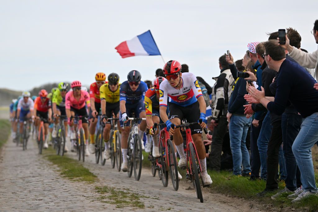 ROUBAIX FRANCE APRIL 07 Mathias Vacek of Czech Republic and Team Lidl Trek leads the peloton passing through the Haveluy Wallers cobblestones sector during the 121st ParisRoubaix 2024 a 2597km one day race from Compiegne to Roubaix UCIWT on April 07 2024 in Roubaix France Photo by Luc ClaessenGetty Images