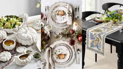 A three-panel image of the Williams Sonoma Thanksgiving collection: a Sculptural Pumpkin Gravy Boat; Plymouth Pumpkin Salad Plates; a Provençal Pomegranate Table Runner 
