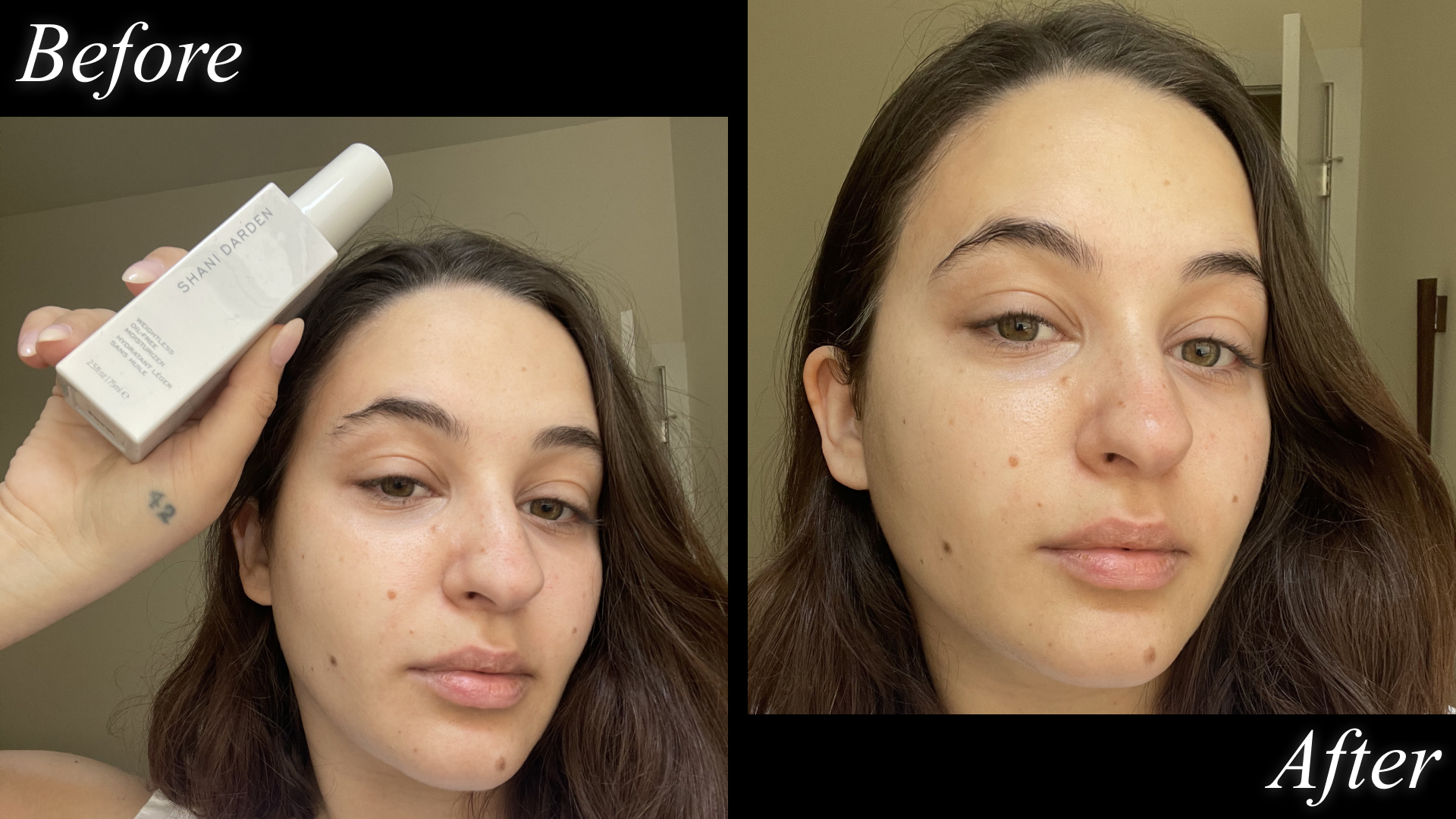 Isabella Sarlija before and after using the Shani Darden Weightless Oil-Free Moisturizer.