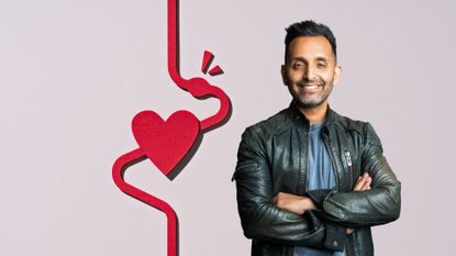Dr Amir Khan next to heart representing importance of lower cholesterol levels