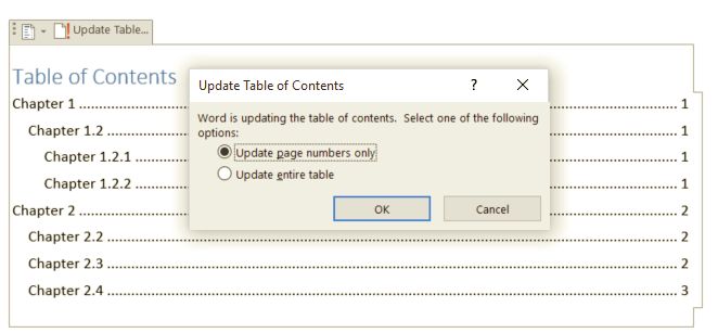 word toc update