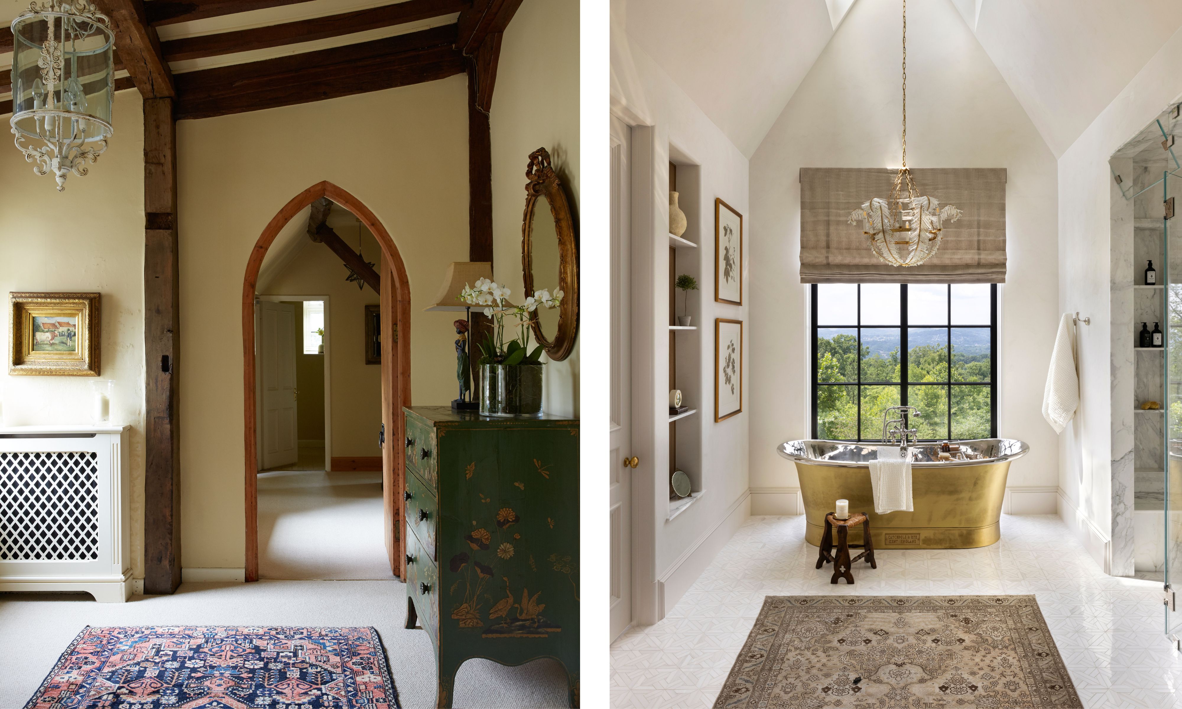 Hallway with curved doorway and beams and persian rug and bathroom with high ceiling, white walls, gold tub and neutral persian rug
