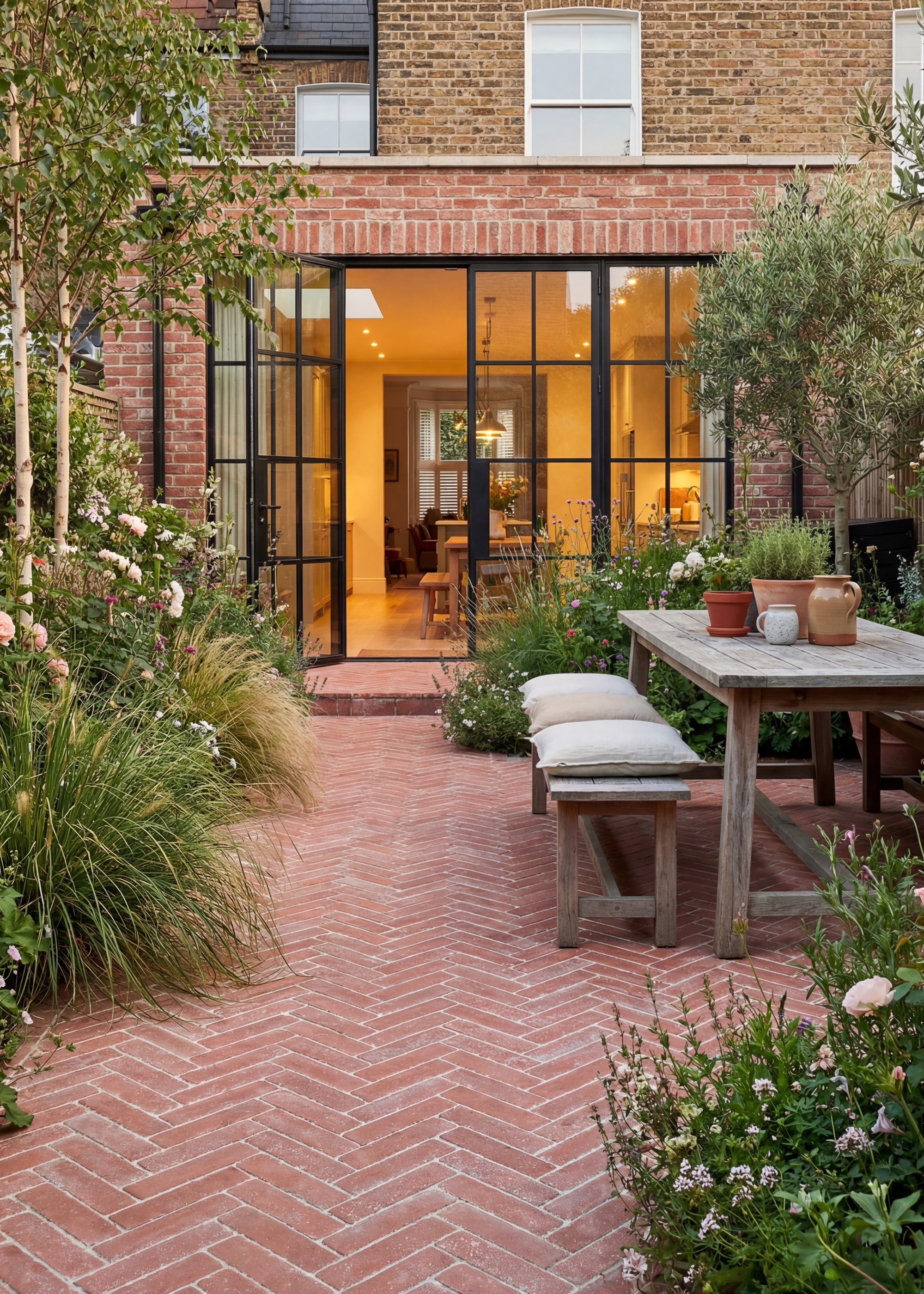 patio tiled with red brick tiles in chevron pattern