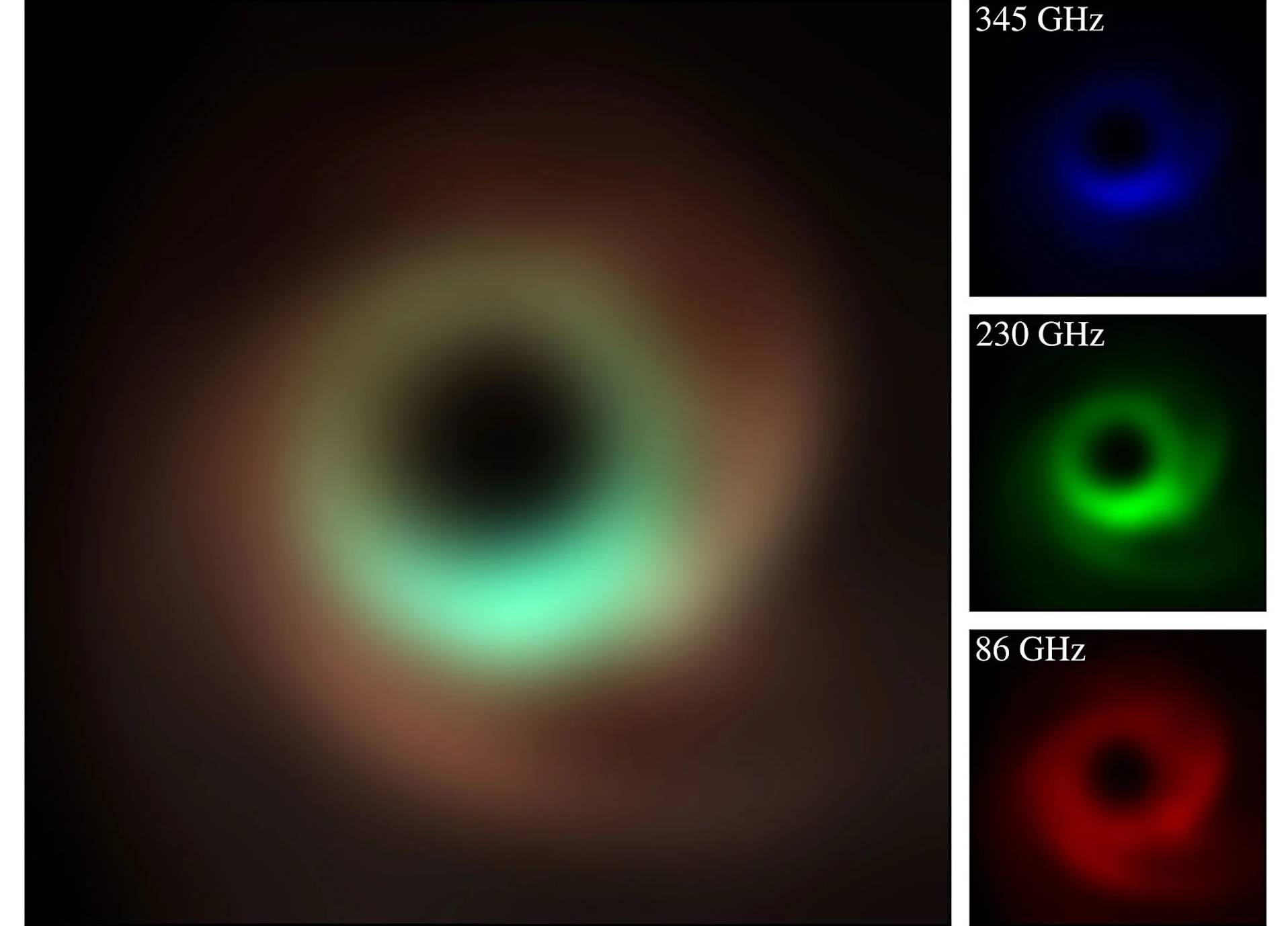 A cloudy image of a black hole in different colors
