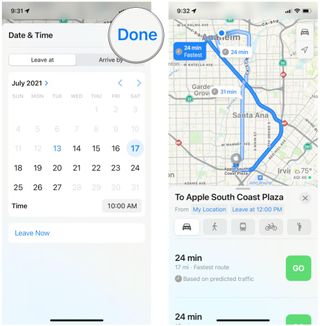 Change departure time for directions in Maps on iPhone by showing: Select departure date and time, tap Done