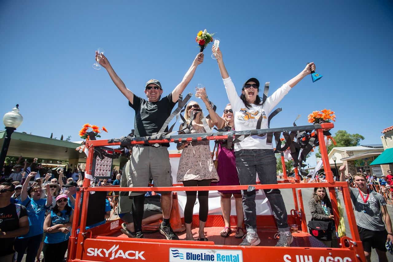 Co-race directors Michelle Geels and Jack Brennan toast to Jack&rsquo;s final year as race director