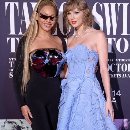 Beyoncé Knowles-Carter and Taylor Swift attend the "Taylor Swift: The Eras Tour" Concert Movie World Premiere at AMC The Grove 14 on October 11, 2023 in Los Angeles, California.