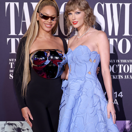 Beyonc&eacute; Knowles-Carter and Taylor Swift attend the "Taylor Swift: The Eras Tour" Concert Movie World Premiere at AMC The Grove 14 on October 11, 2023 in Los Angeles, California.