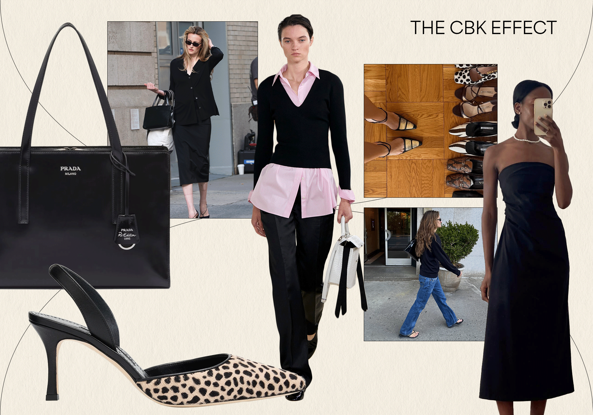 A collage featuring the summer 2026 fashion trend, the Carolyn Bessette-Kennedy effect, with runway, Instagram, and product imagery and gifs.