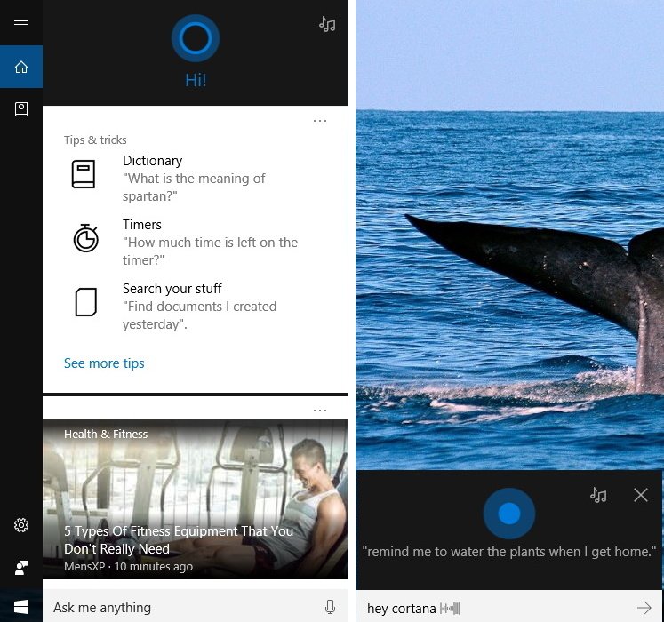 Cortana regular mode (left) and Cortana listening mode (right)