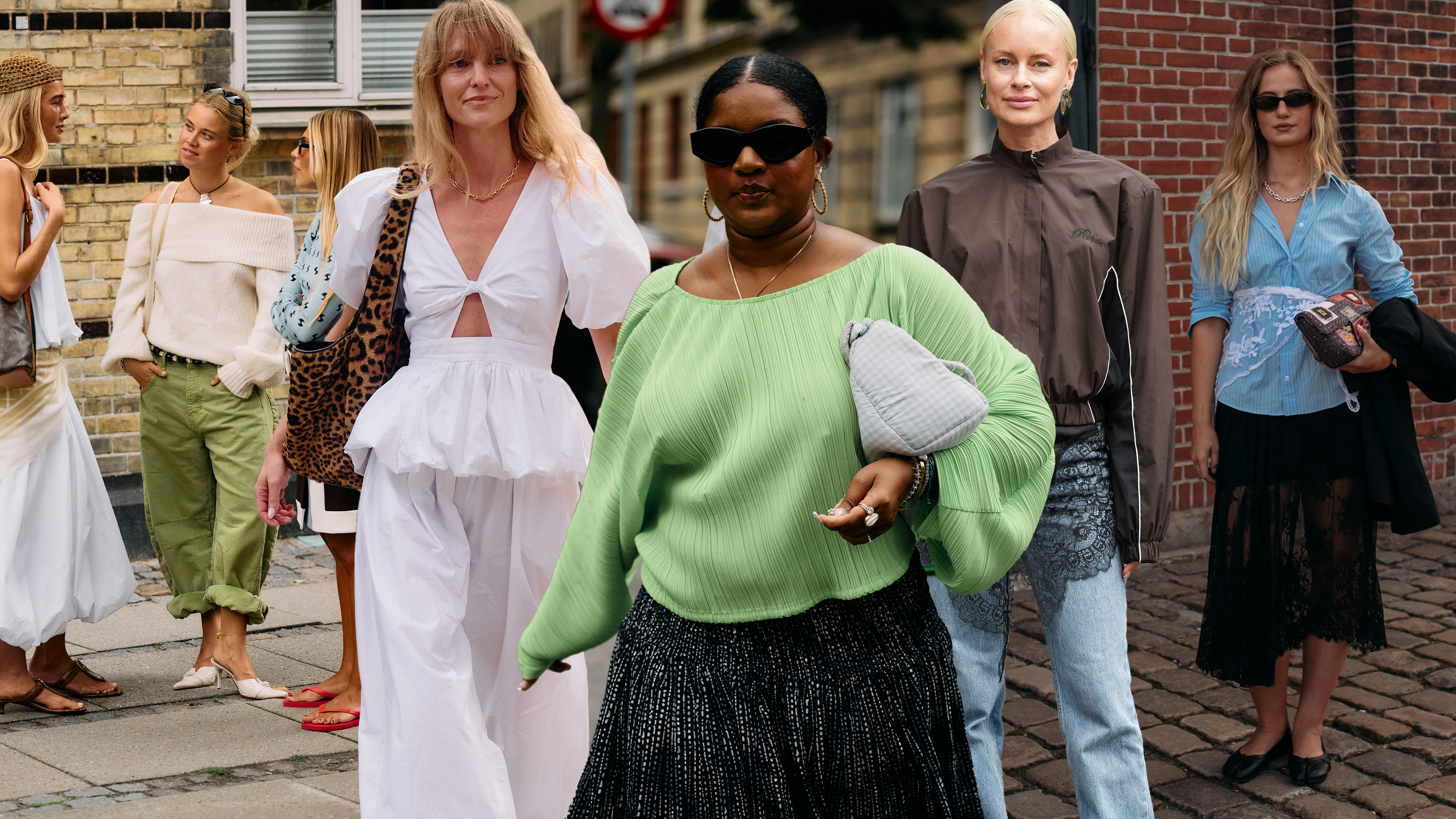 A collage of women on the streets during copenhagen fashion week wearing top trends.