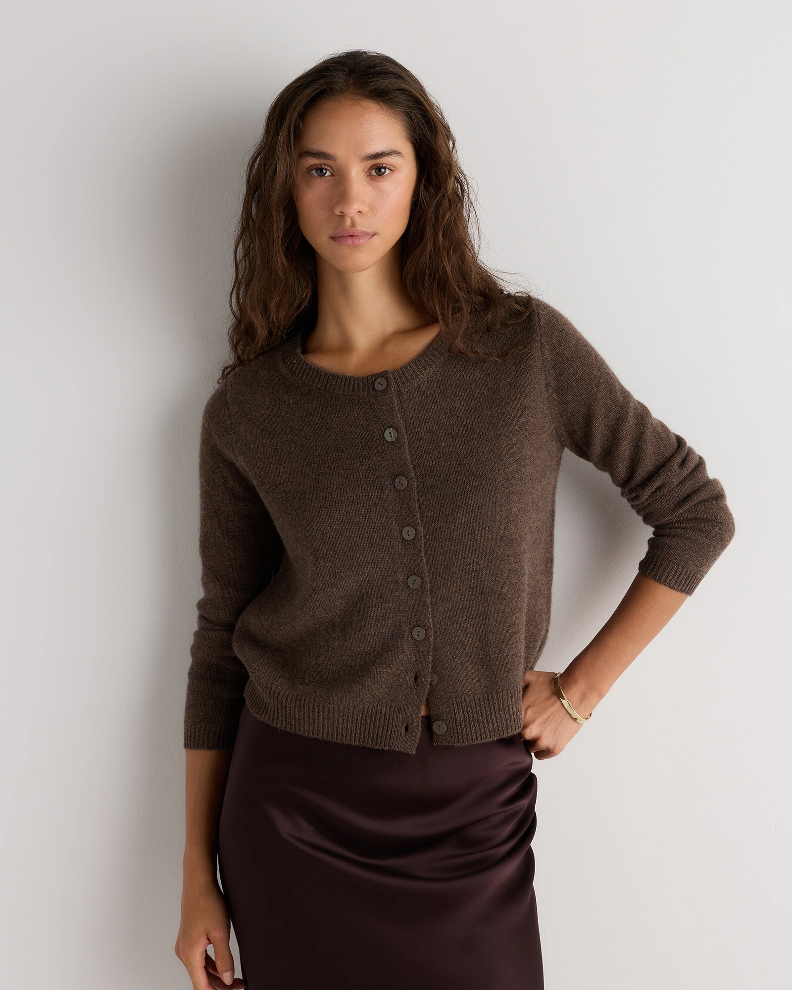 Mongolian Cashmere Cropped Crew Cardigan in Brown
