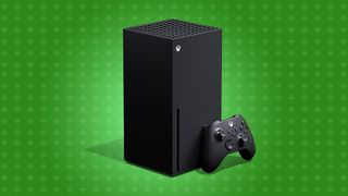 Xbox Series X and controller on a green background