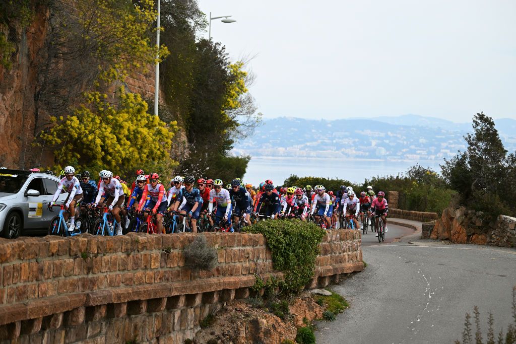 MANDELIEU LA NAPOULE FRANCE FEBRUARY 18 A general view of the peloton passing through a landscape during the 55th Tour Des Alpes Maritimes Et Du Var 2023 Stage 2 a 1794km stage from MandelieulaNapoule to Antibes tour0683 on February 18 2023 in Antibes France Photo by Luc ClaessenGetty Images