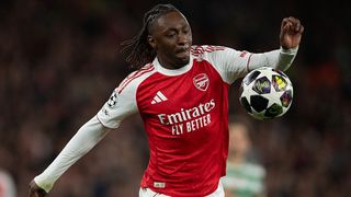Eberechi Eze of Arsenal controls a bouncing ball during. the Champions League quarter-final against Sporting.