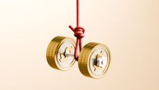 digital image of a barbell made out of gold coins with dollar signs on them hanging from a red rope