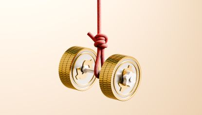 digital image of a barbell made out of gold coins with dollar signs on them hanging from a red rope