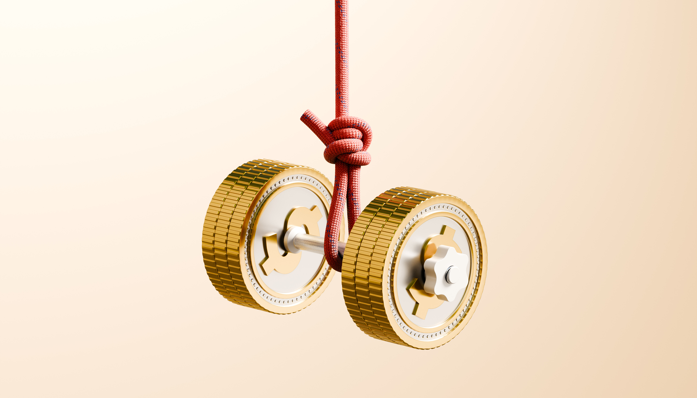 digital image of a barbell made out of gold coins with dollar signs on them hanging from a red rope