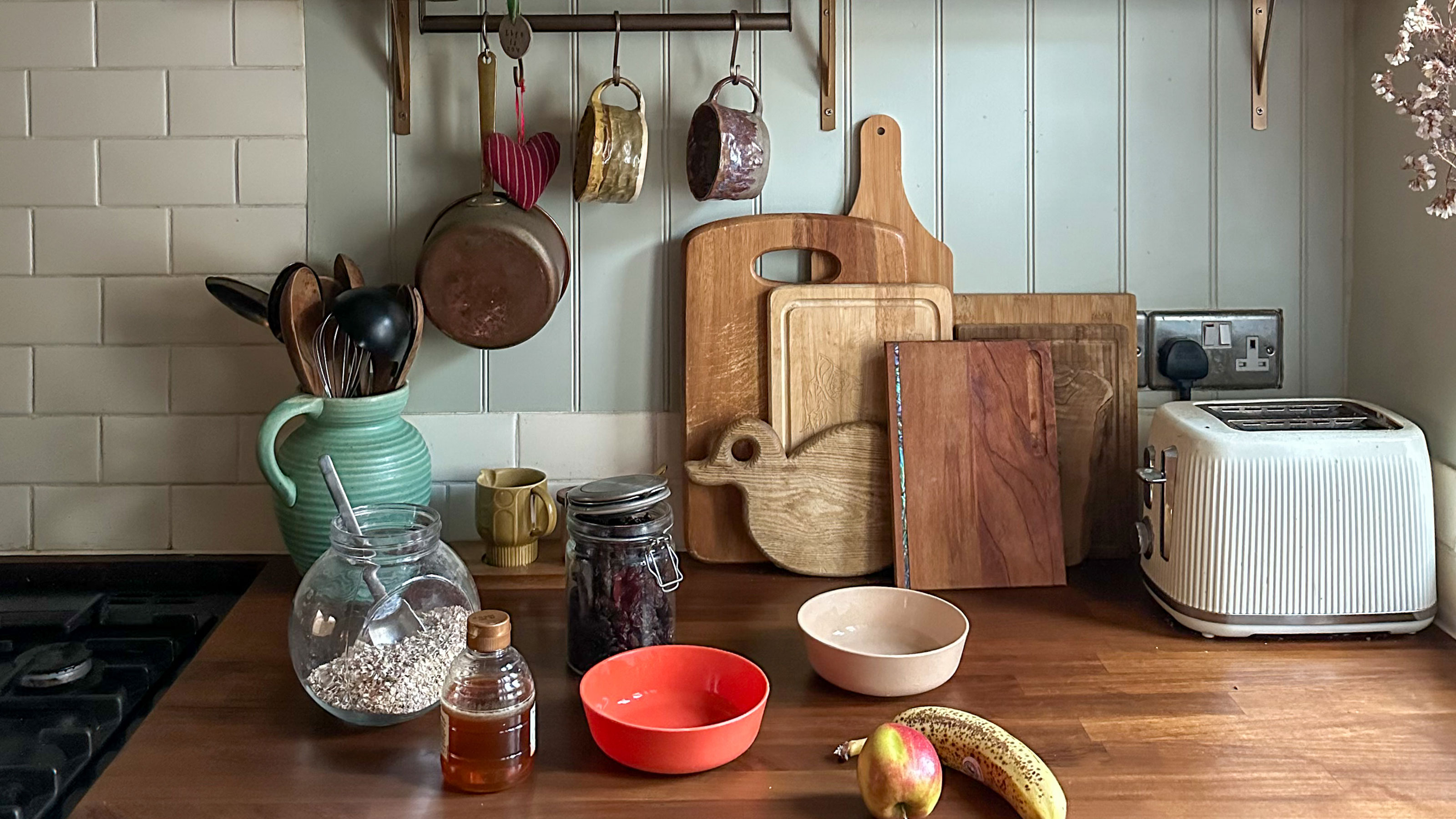 Wooden kitchen countertop with breakfast foods laid out