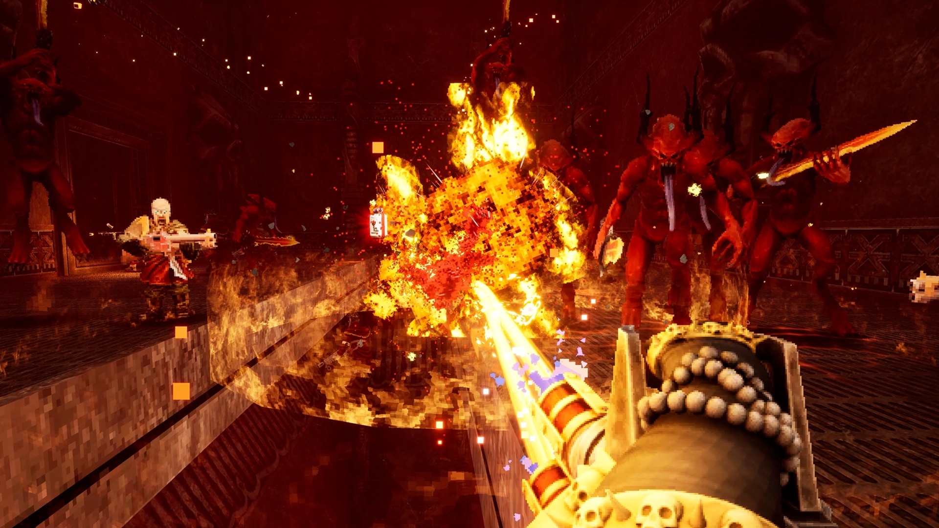 Warhammer 40K: Boltgun 2 gameplay showing Nyra melting demons of Khorne with fire