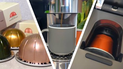Nespresso Verto capsules, machine dispensing espresso into cup, and Nespresso Original capsule in machine
