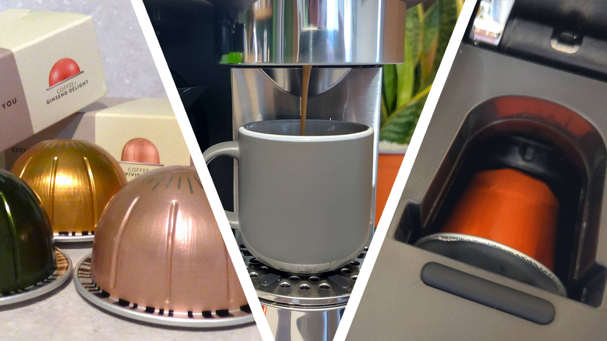 Nespresso Verto capsules, machine dispensing espresso into cup, and Nespresso Original capsule in machine