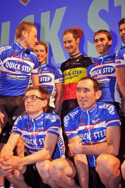 Team Quick Step chats while waiting for the photos to begin.