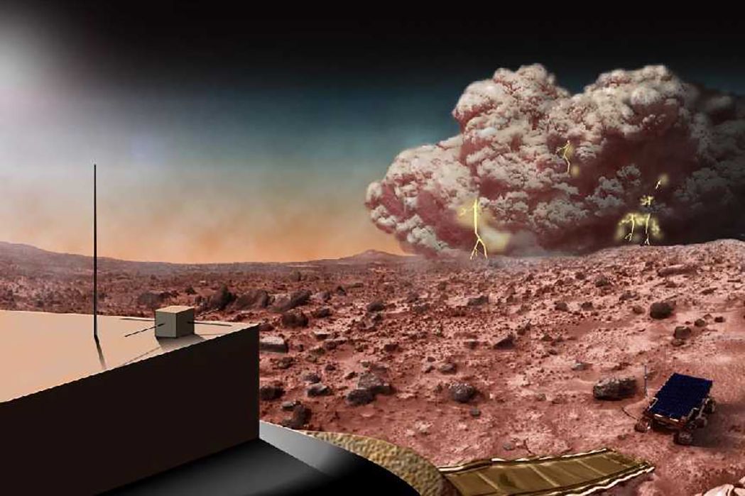 An artist&#039;s concept of an electric Martian dust storm. New research shows that Martian storms may &quot;crackle with electricity,&quot; but are probably incapable of generating long bolts of lightning.