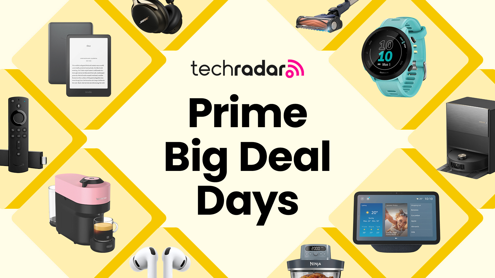 Popular electronics from Amazon, Dreame, Garmin, SharkNinja and more arranged in a diamond grid around the words Prime Big Deal Days on a yellow background