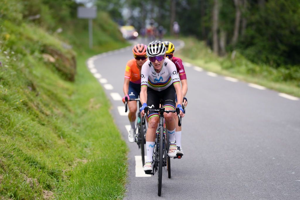 COL DU TOURMALET FRANCE JULY 29 LR Katarzyna Niewiadoma of Poland and Team CanyonSRAM Racing Annemiek Van Vleuten of The Netherlands and Movistar Team and Demi Vollering of The Netherlands and Team SD Worx Protime Pink UCI Womens WorldTour Leader Jersey compete in the breakaway during the 2nd Tour de France Femmes 2023 Stage 7 a 898km stage from Lannemezan to Col du Tourmalet 2116m UCIWWT on July 29 2023 in Col du Tourmalet France Photo by Alex BroadwayGetty Images