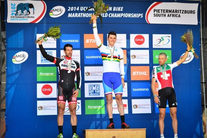 It was a historic day for Czech riding star Jaroslav Kulhavy (middle) finally added the UCI MTB Marathon World Championships rainbow striped jersey to his already impressive list of achievements when he won the race at the Cascades MTB Park on Sunday.
